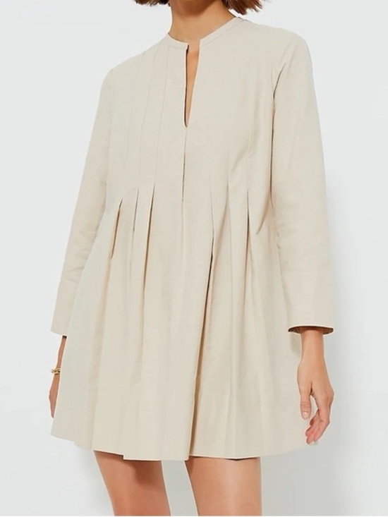 Tuckernuck Dresses & Skirts - Tuckernuck Luella Tan Beige Pleated Notch-Neck Mini Dress size M